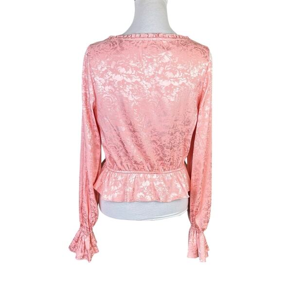Divine Heritage Pink Floral Jacquard Satin Long Sleeve Peasantcore Blouse - Picture 4 of 13